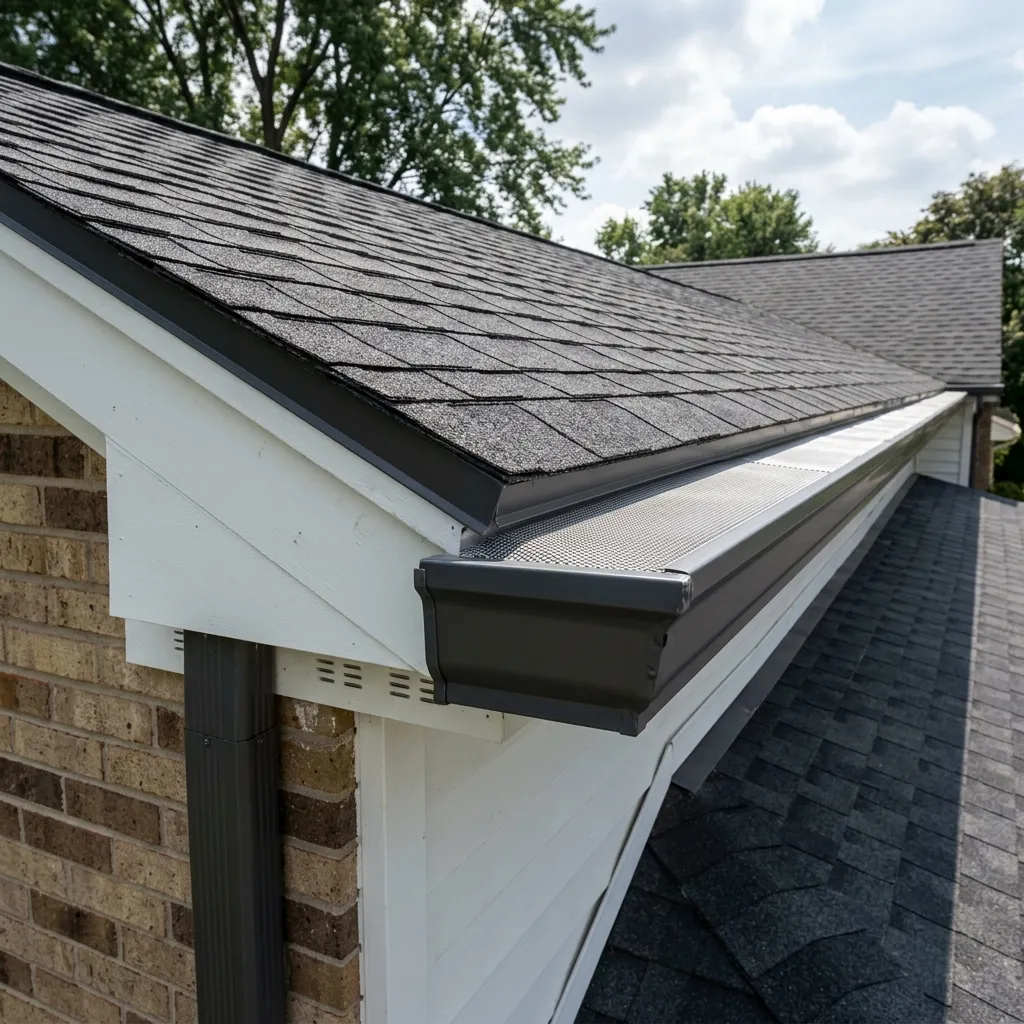 Seamless aluminum gutters with protective covers.