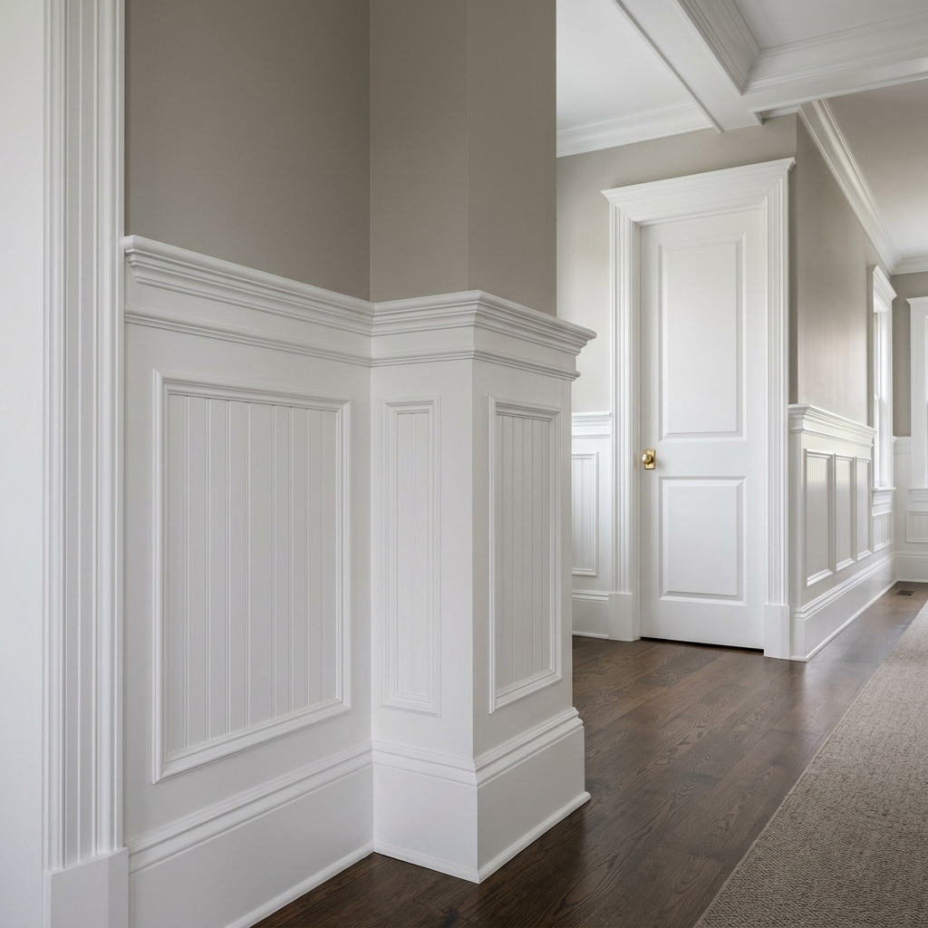 Close-up of elegant custom white trim carpentry and wainscoting.